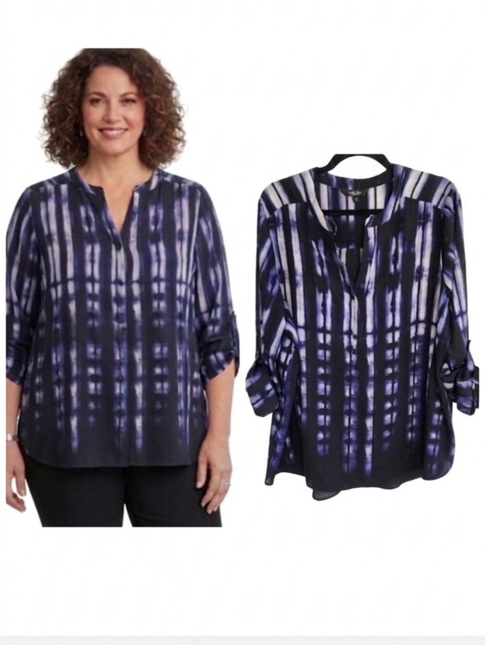 Simply Vera Vera Wang Stylish Blue & Black Roll-tab Blouse Women's Plus Size XXL